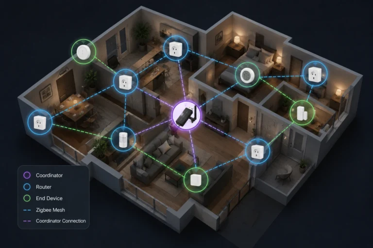 Diagrama Zigbee Mesh cu coordonator, routere si dispozitive conectate in Home Assistant